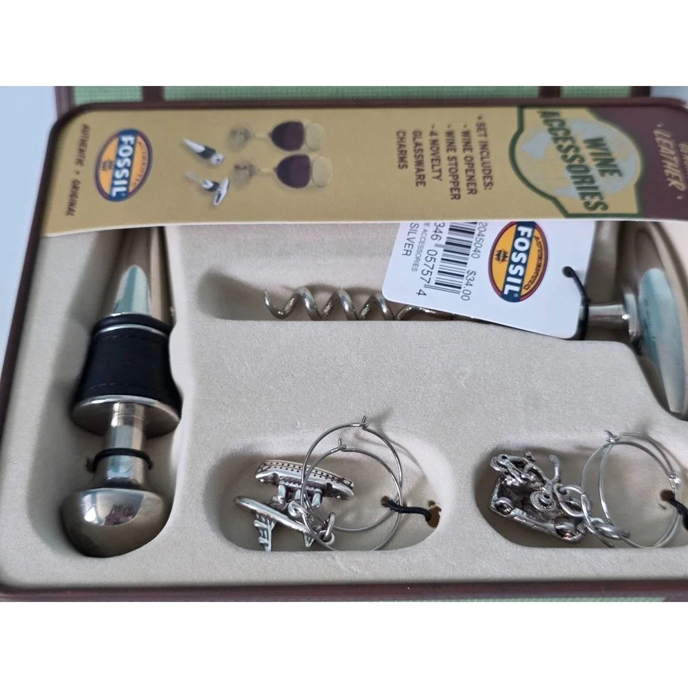 Fossil Silver Wine Accessory Kit Tin Corkscrew Stopper Charm Cork Opener Vintage